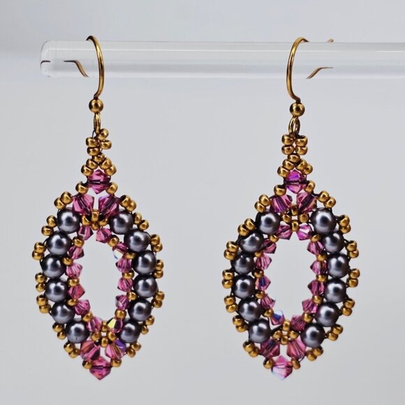 14K Gold Plated Beaded Drop French Wire Earrings Made with Swarovski Crystals - Picture 3 of 4